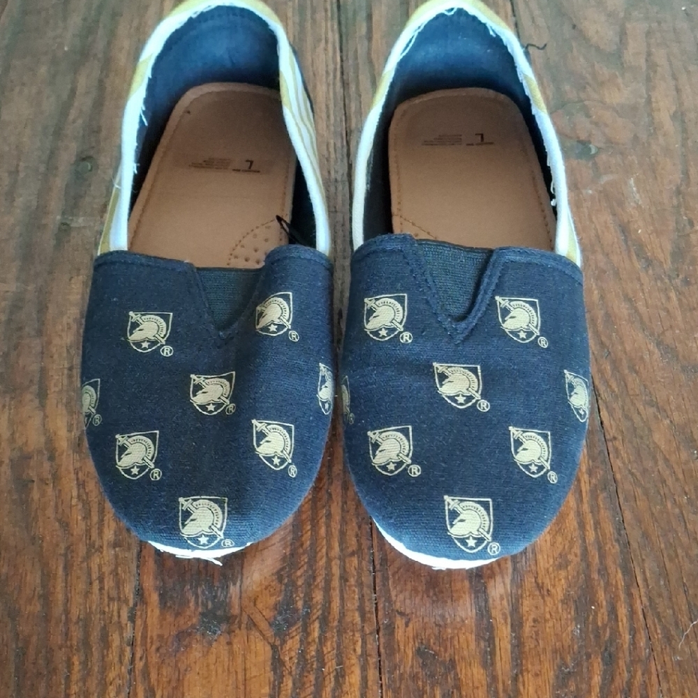 Women’s Black & Gold Slip-On Canvas Flats with Gold Crest Motif - ARMY